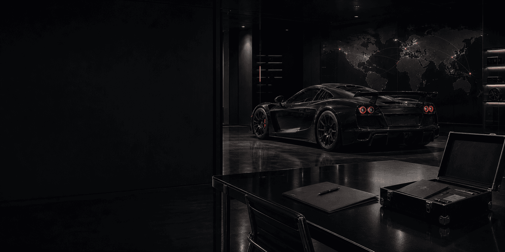 Dark private collector advisory facility with rare vehicle and global route map