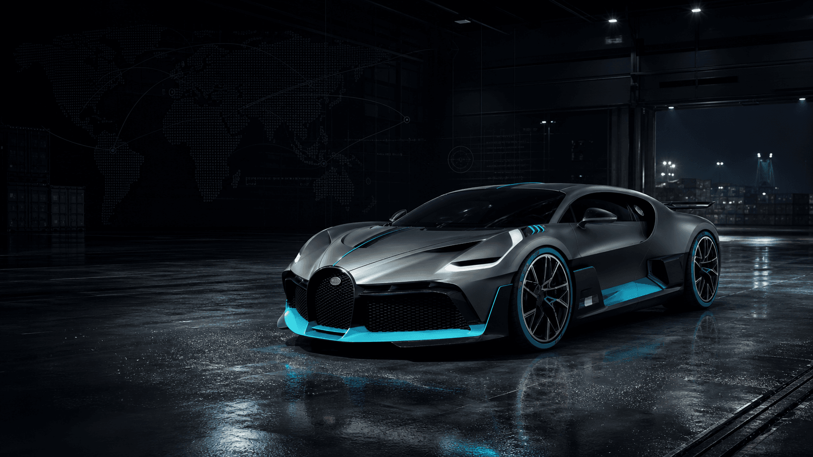 Matte dark Bugatti Divo-style hypercar with blue accents in a dark import logistics hangar